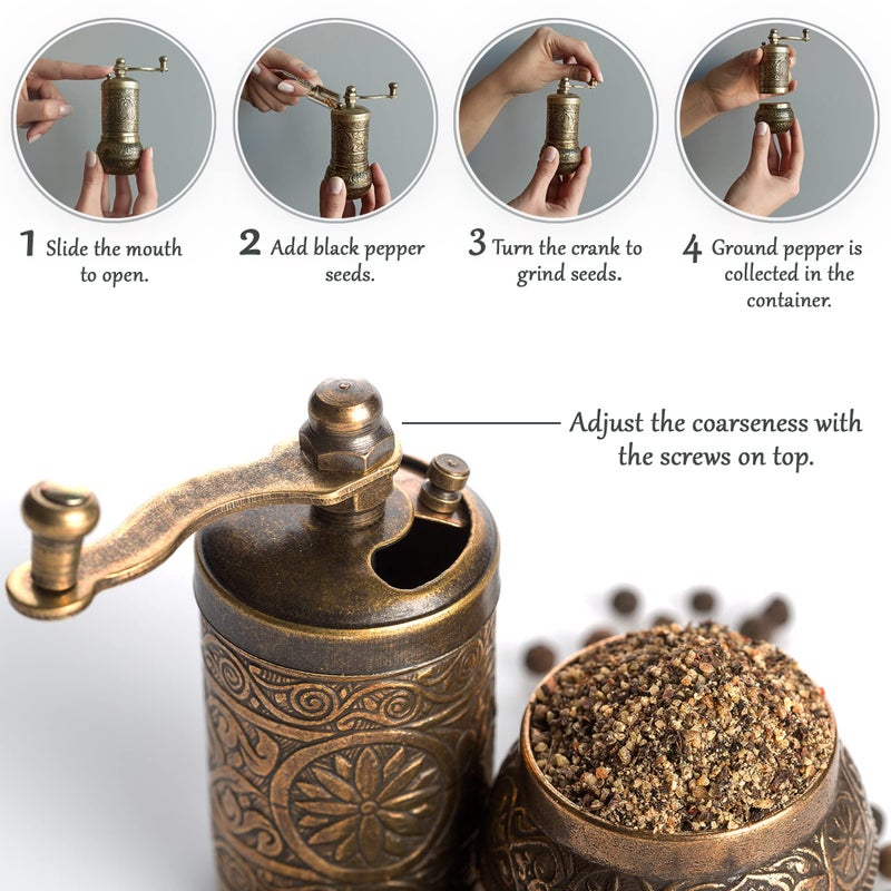 Crystalia Decorative Black Pepper Grinder, Refillable Turkish Spice Mill with Adjustable Coarseness, Manual Pepper Mill with Handle, Spice Grinder Metal with Hand Crank, Antique Gold - Image 2